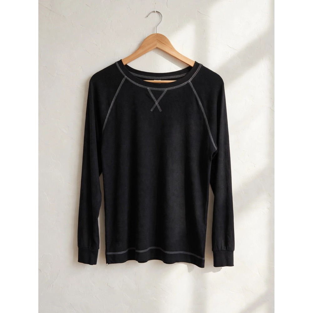 Niloufo Black Raglan Long Sleeve Top Grey Contrast Stitch Crew Neck Medium